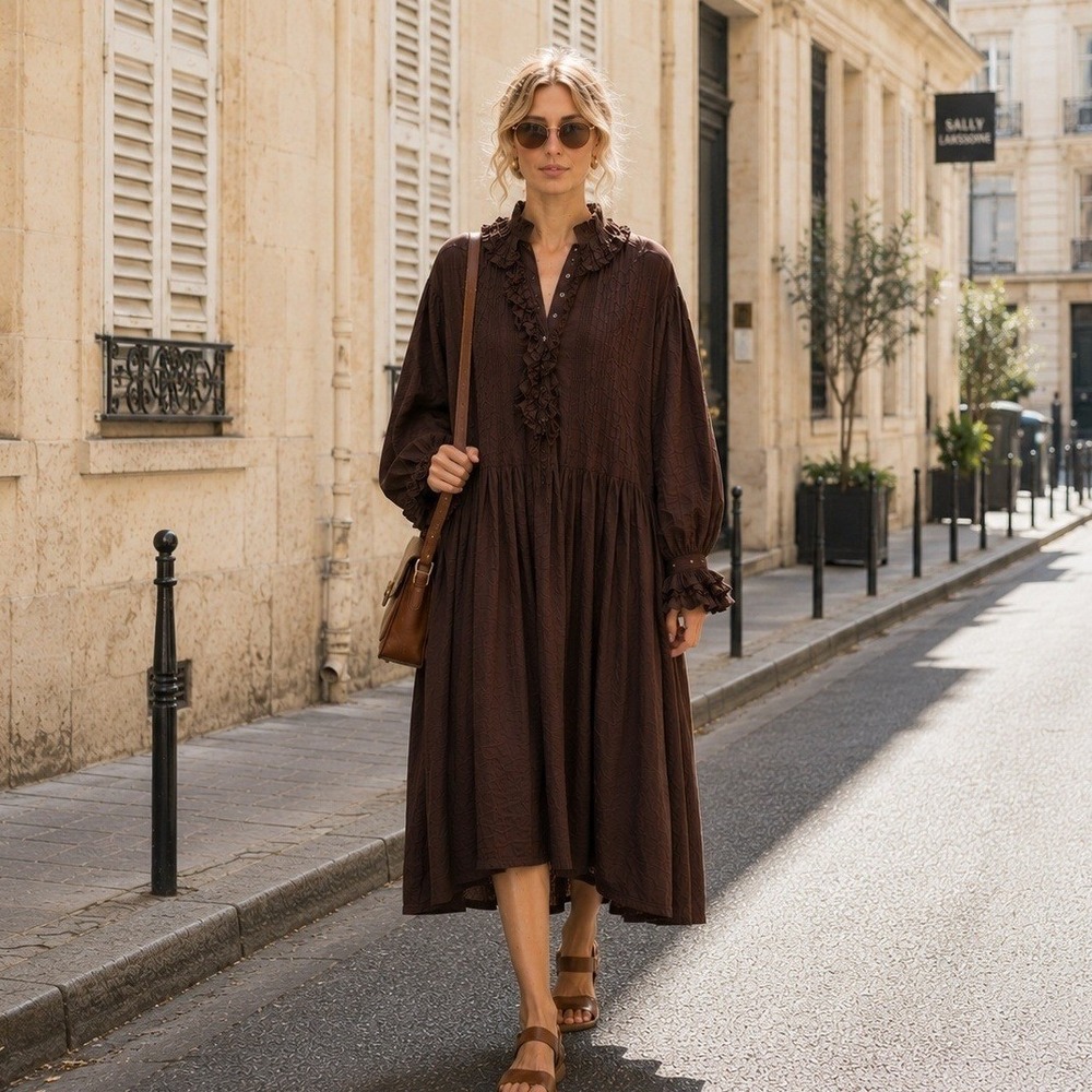 Laurence Bras Poem Midi Dress M Brown Cotton Ruffle Boho Lagenlook Parisian Folk